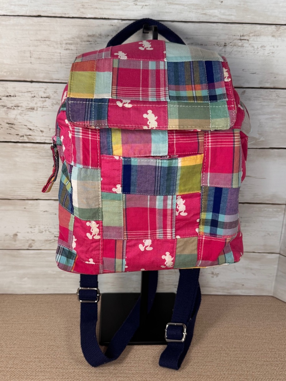 Disney Parks Mickey Mouse Pink Madras Patchwork Backpack